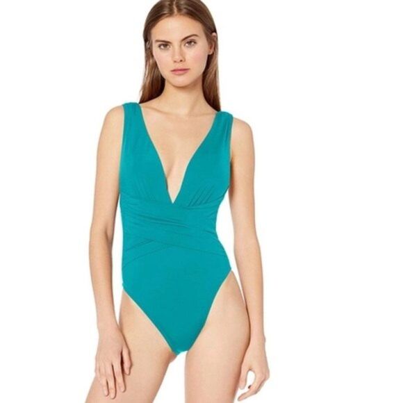 Trina Turk Womens Plunge Wrap Front One Piece Swimsuit Turquoise//Getaway Solids - Picture 1 of 10